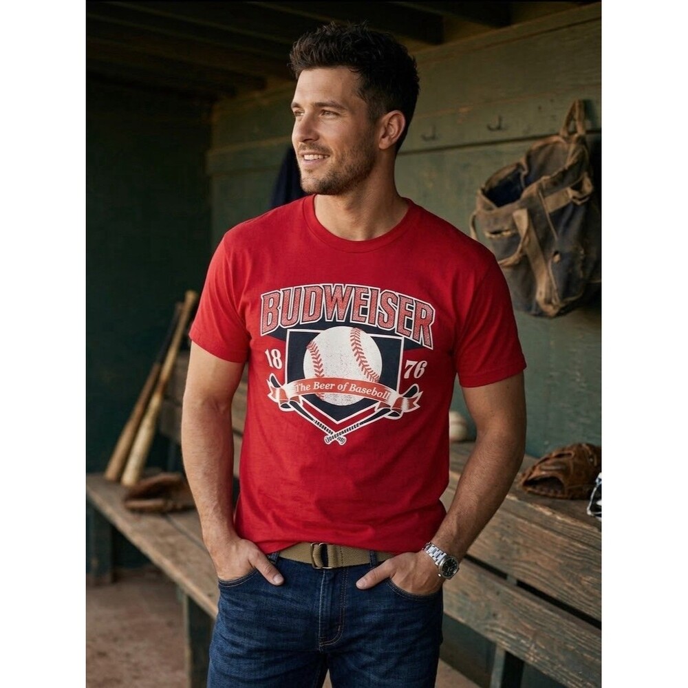 Vintage Hanes Beefy T Mens Large Budweiser Beer Of Baseball Graphic Tee Red L